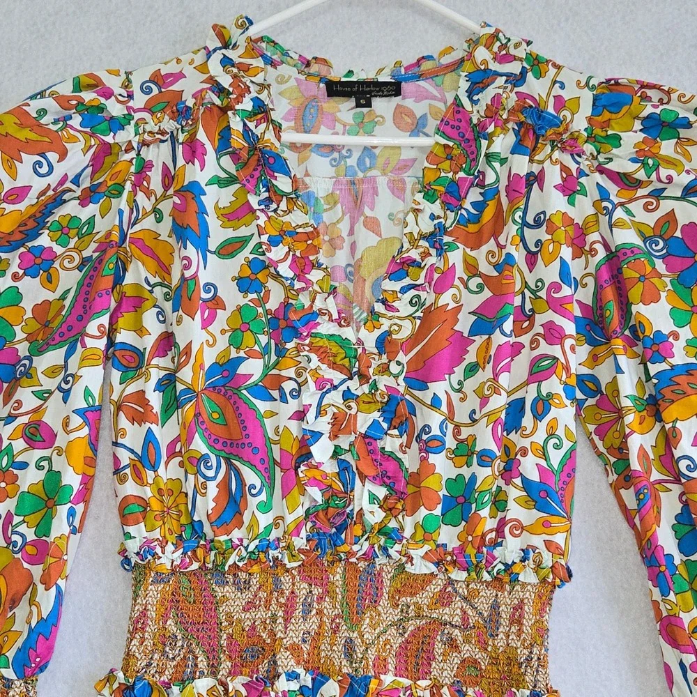 House of Harlow 1960 Nicole Richie Floral Smocked Mini Dress Cotton Small Multi - Picture 2 of 7